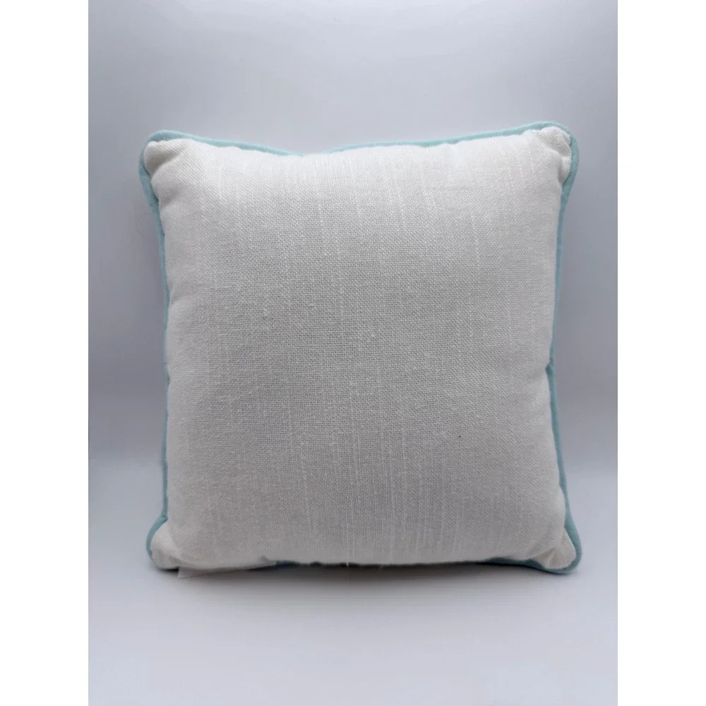 Gone to the Beach Embroidered White Decorative Pillow Light‎ Blue Trim